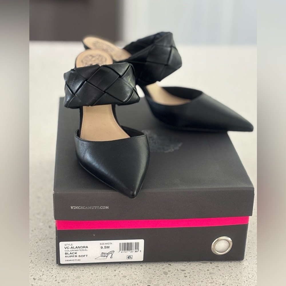 Vince Camuto “Alandra” black mule heels with pointed toe and basket weave band.